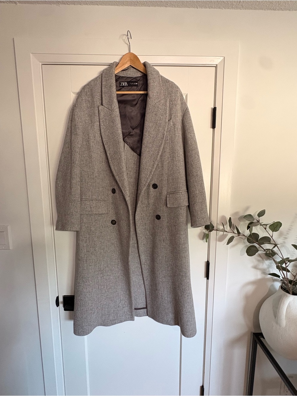 Zara Light Grey Double-Breasted Long Wool-Blend Coat